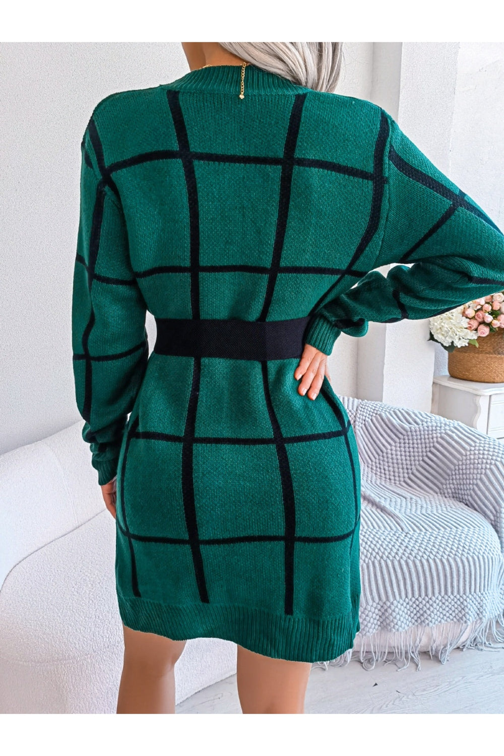 Plaid Round Neck Dropped Shoulder Sweater Dress