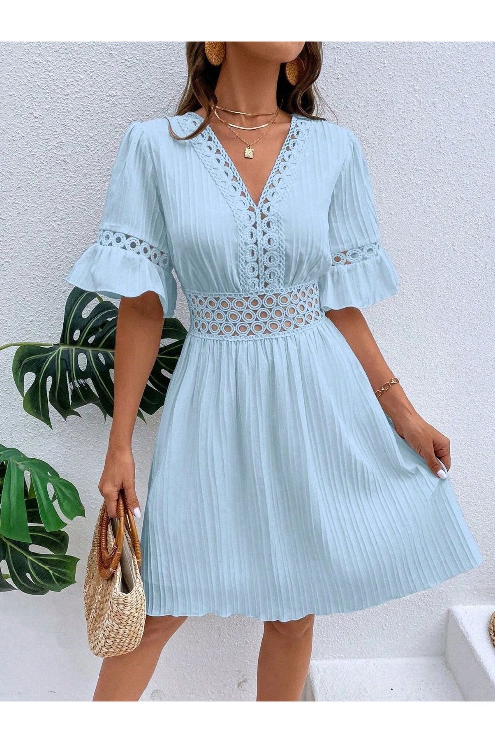 Cutout V-Neck Flounce Sleeve Mini Dress