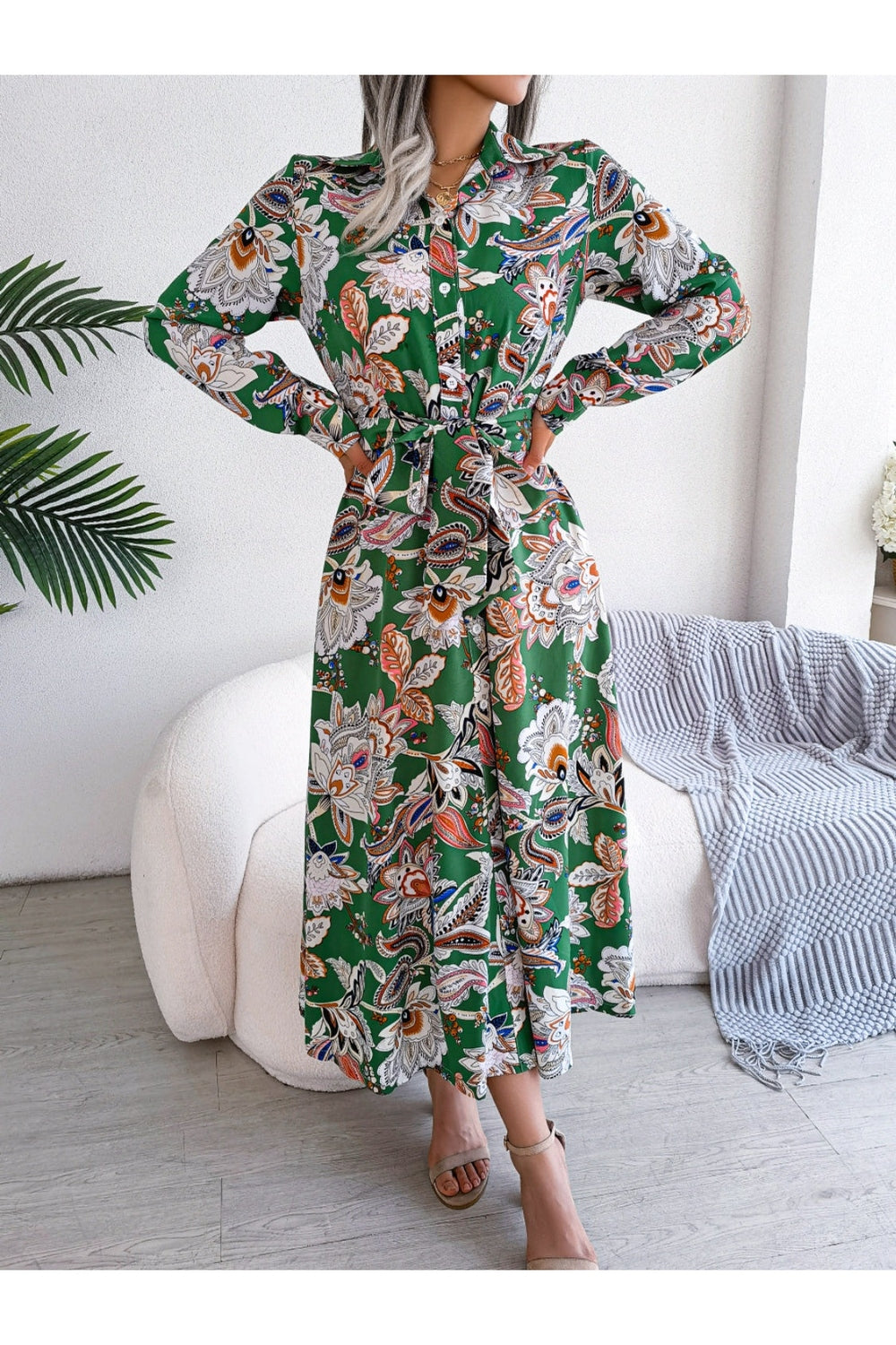 Tied Printed Long Sleeve Midi Dress