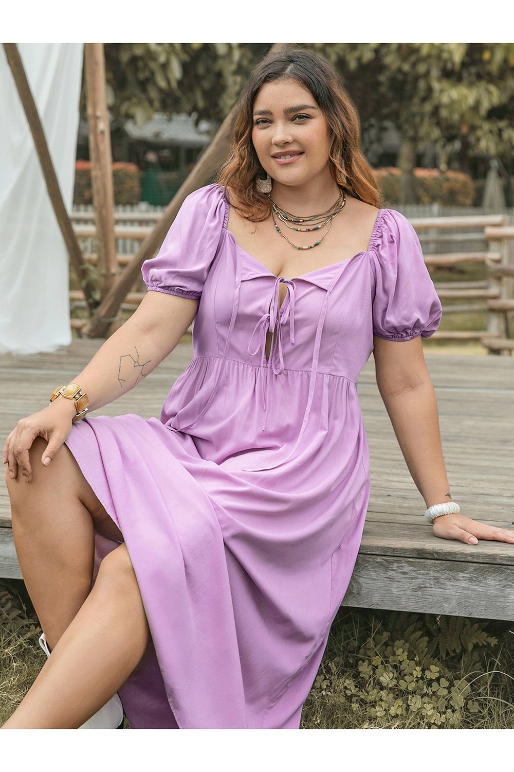 Plus Size Tie Neck Short Sleeve Dress