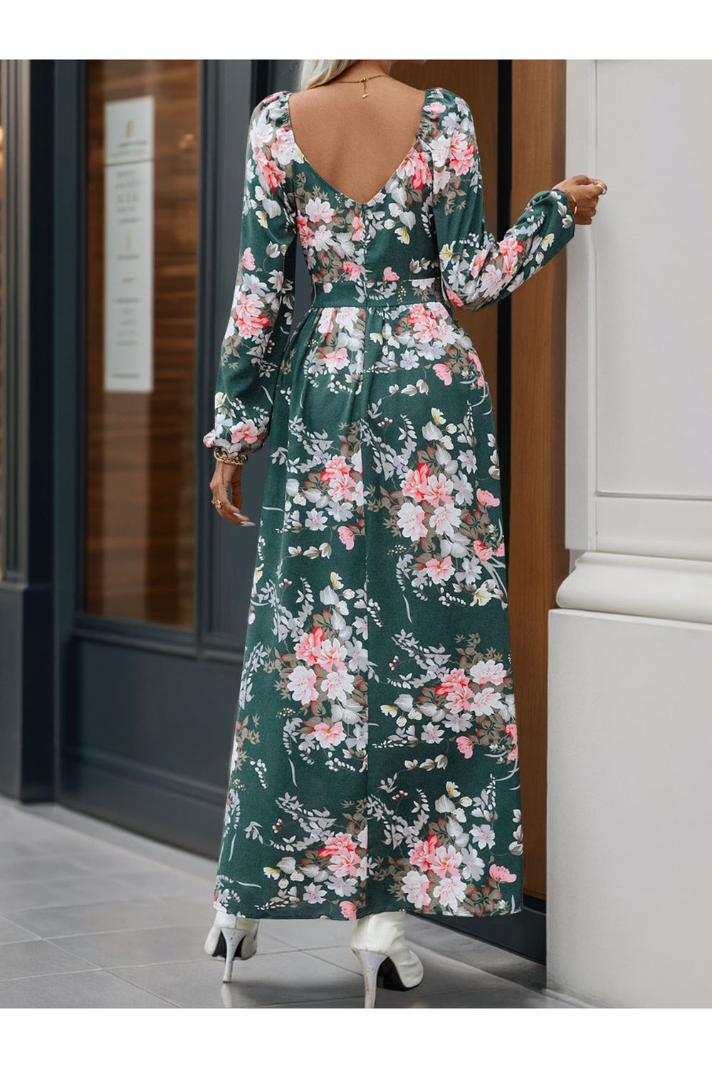 Perfee Slit Printed Surplice Long Sleeve Maxi Dress