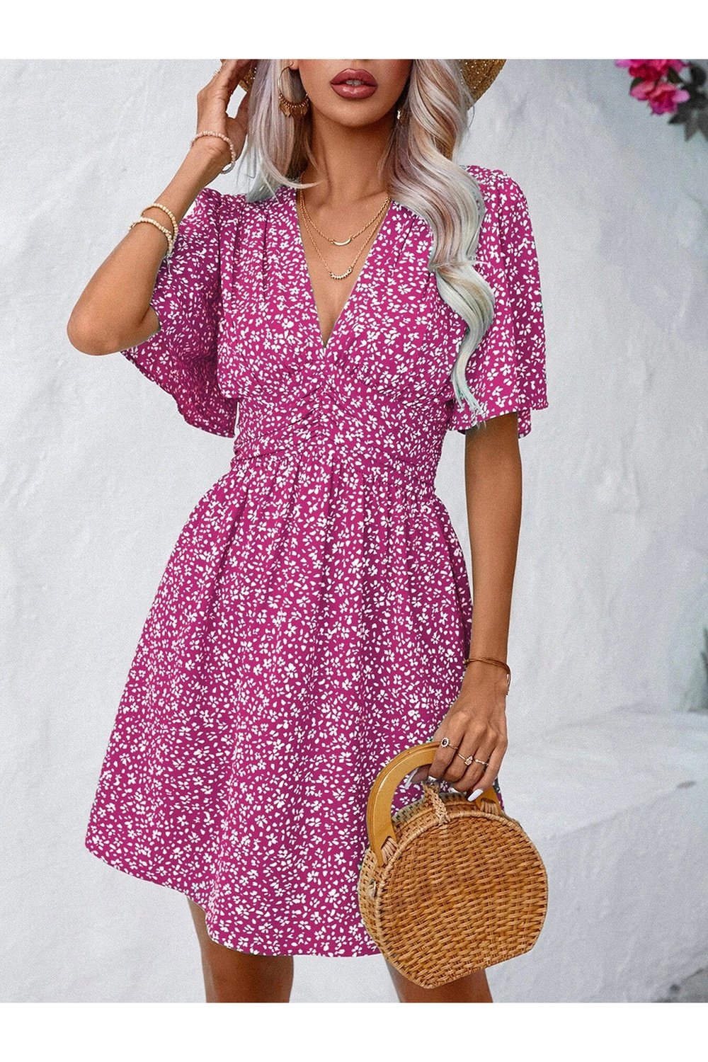 Printed V-Neck Half Sleeve Mini Dress