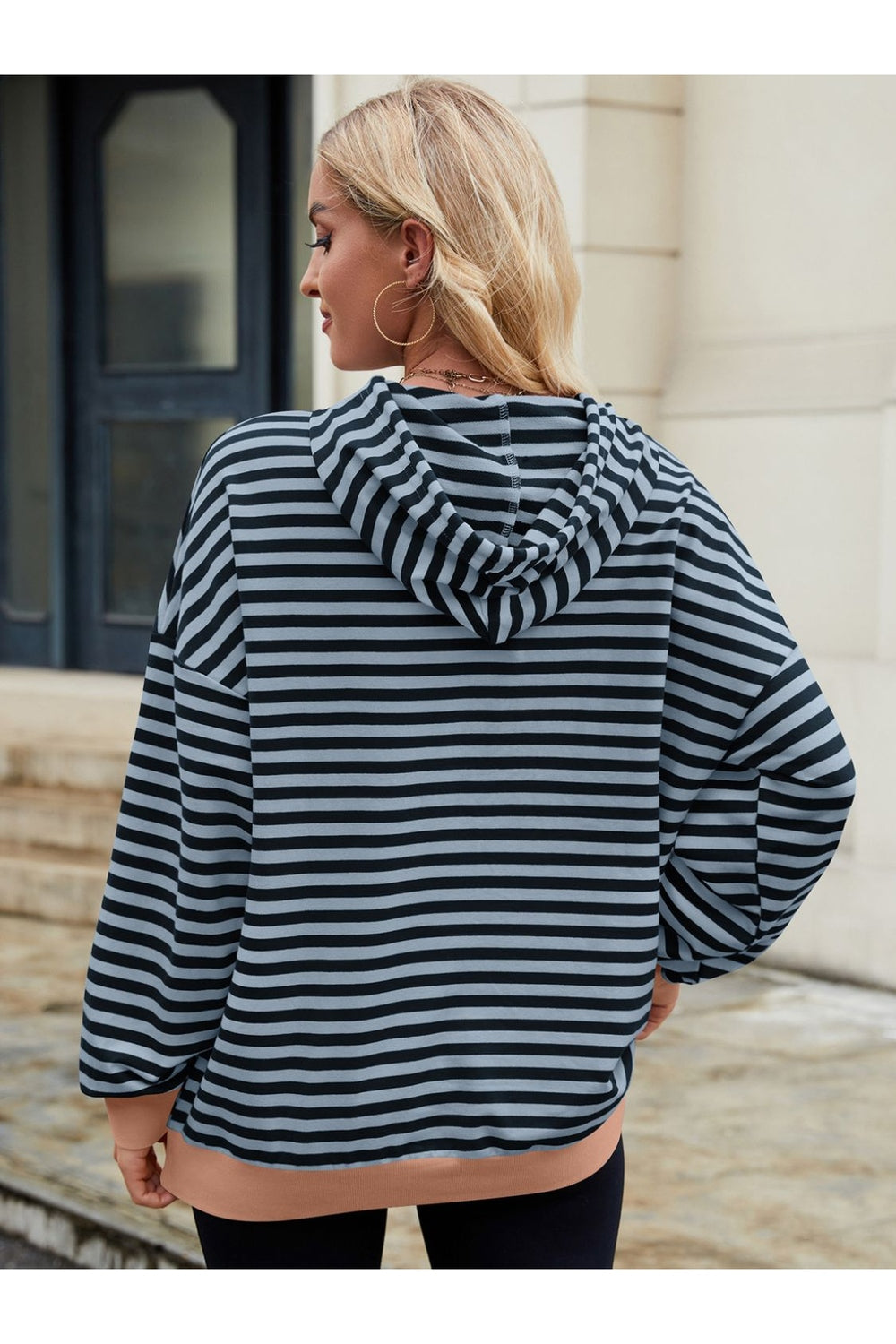 Drawstring Contrast Striped Long Sleeve Hoodie