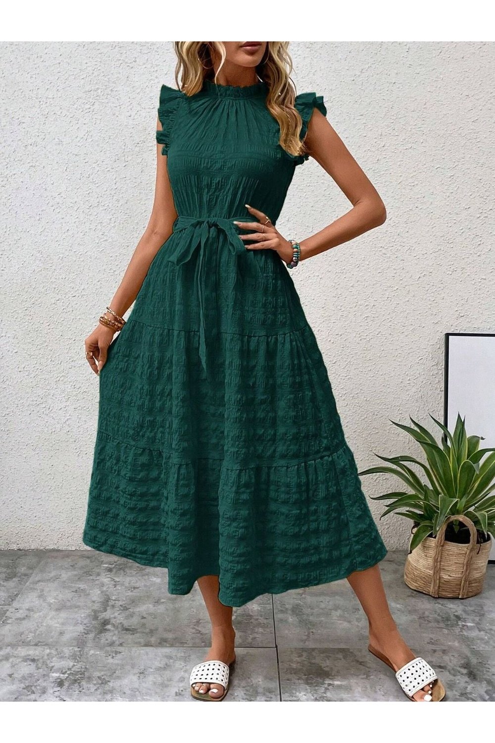 Tied Ruffled Cap Sleeve Midi Dress