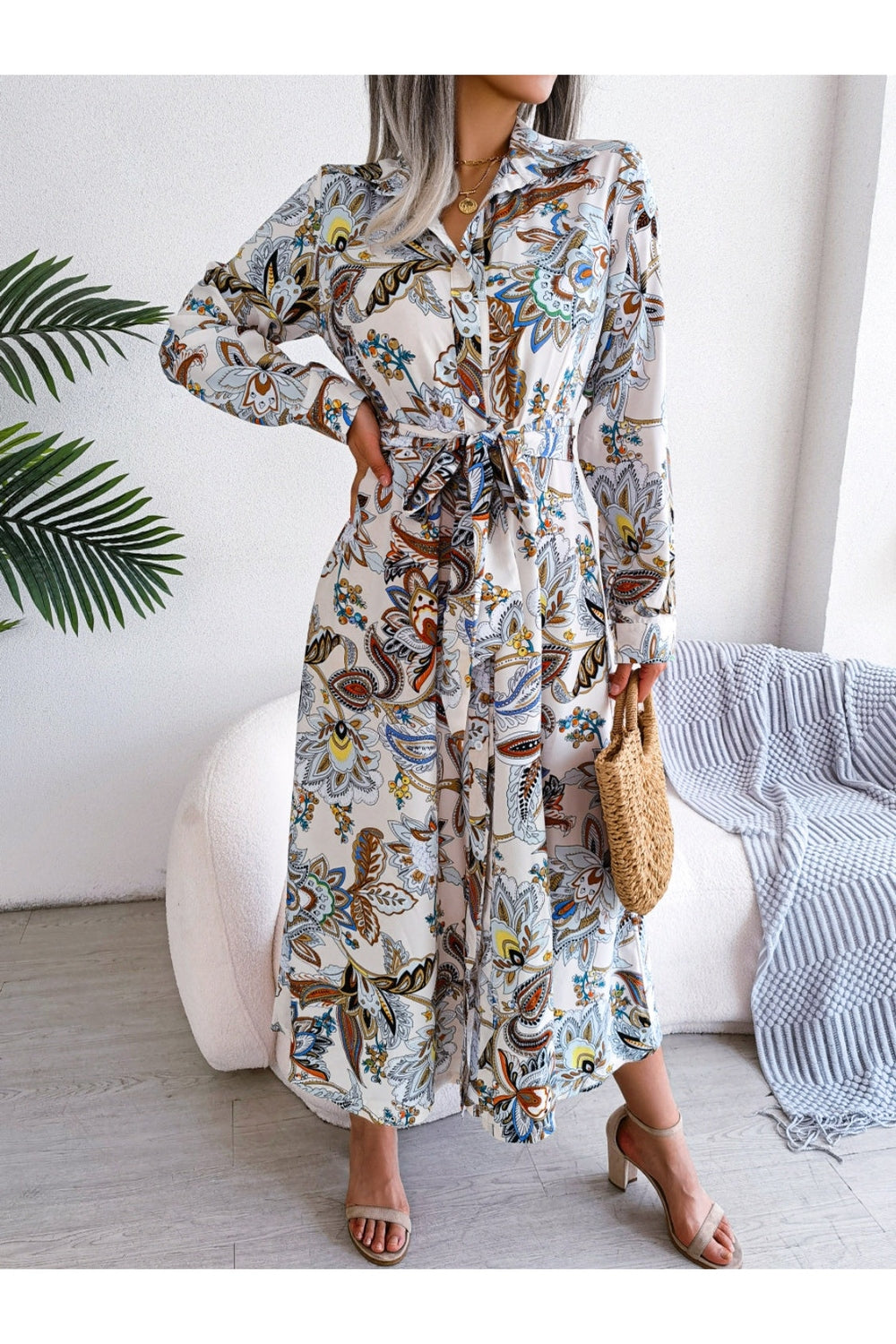 Tied Printed Long Sleeve Midi Dress