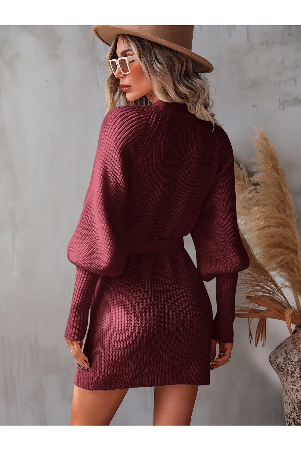 Belted Surplice Lantern Sleeve Wrap Sweater Dress