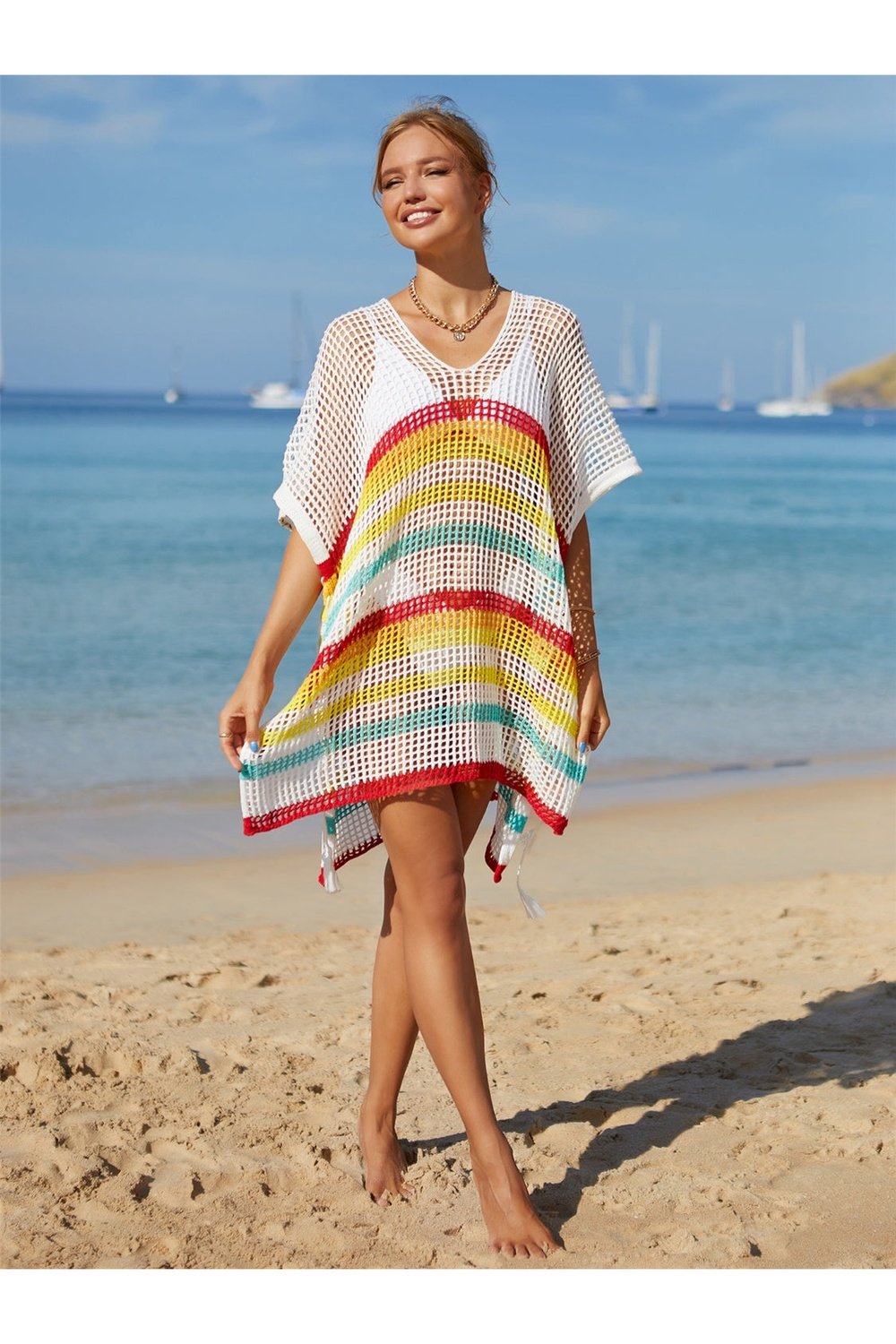 Cutout Striped Cover-Up with Tassel