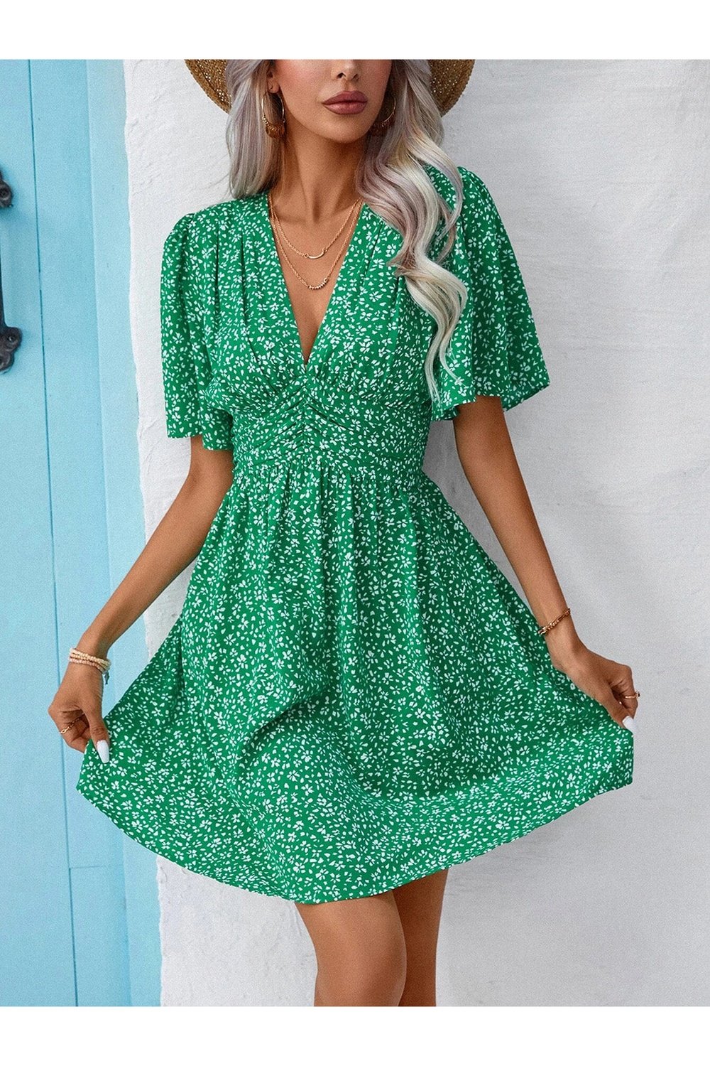 Printed V-Neck Half Sleeve Mini Dress