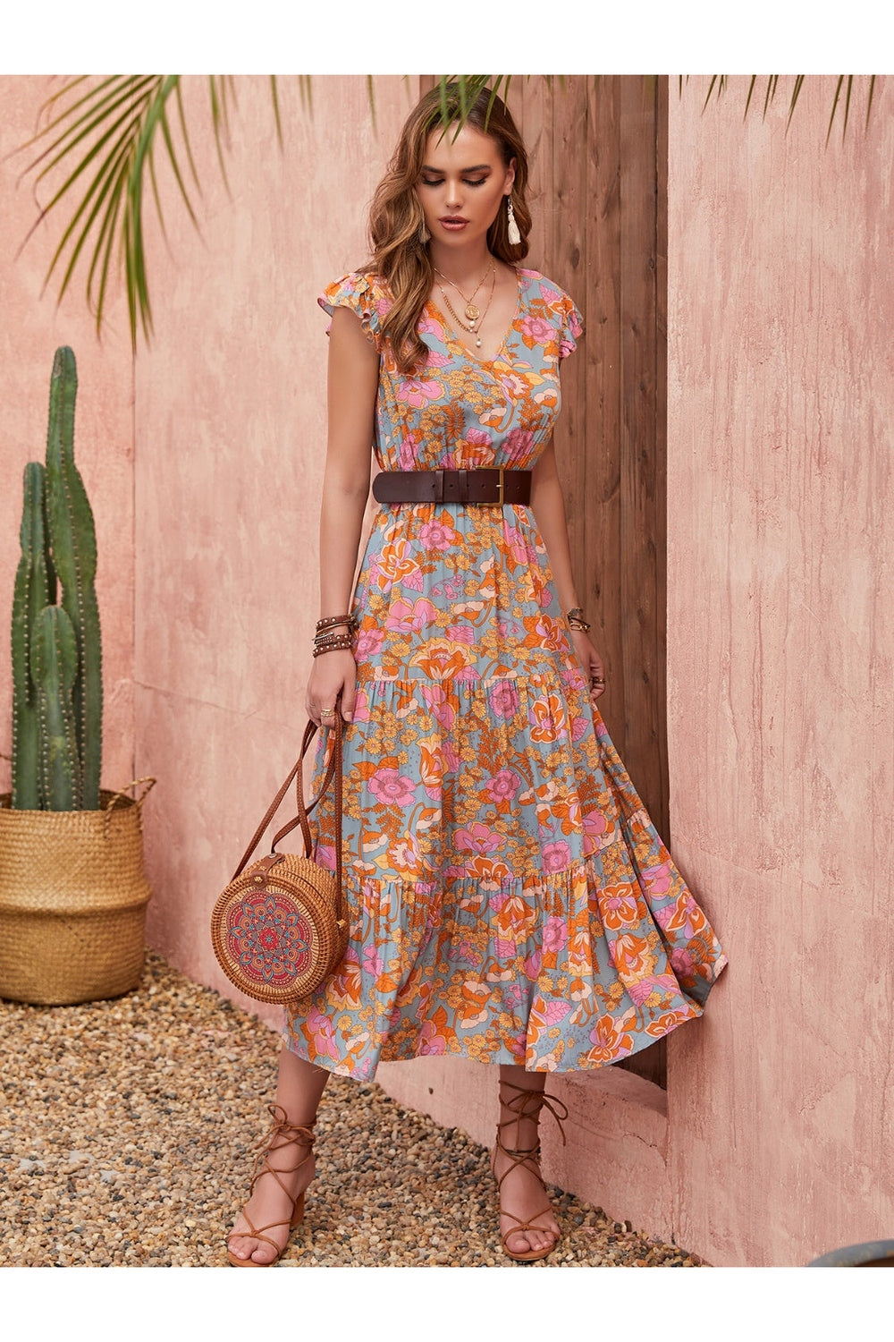 Ruffled Printed V-Neck Cap Sleeve Tiered Dress