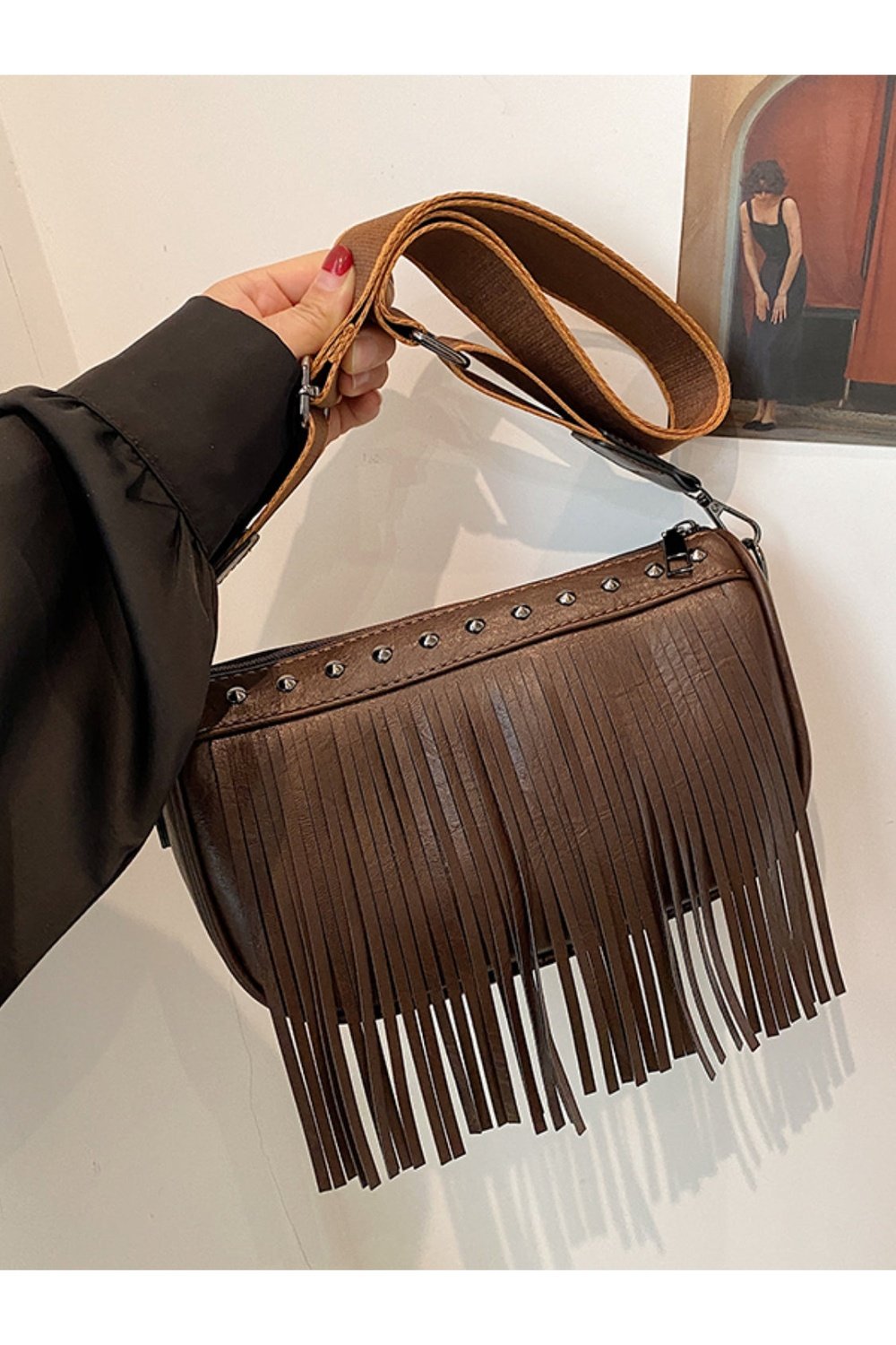 PU Leather Fringe Studded Crossbody Bag