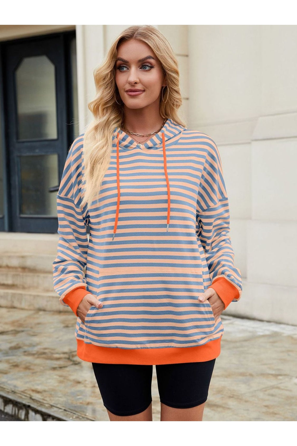 Drawstring Contrast Striped Long Sleeve Hoodie