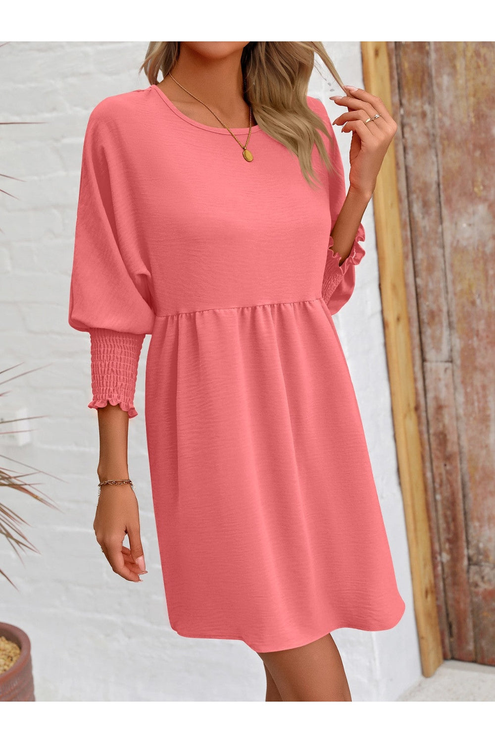 Round Neck Lantern Sleeve Mini Dress