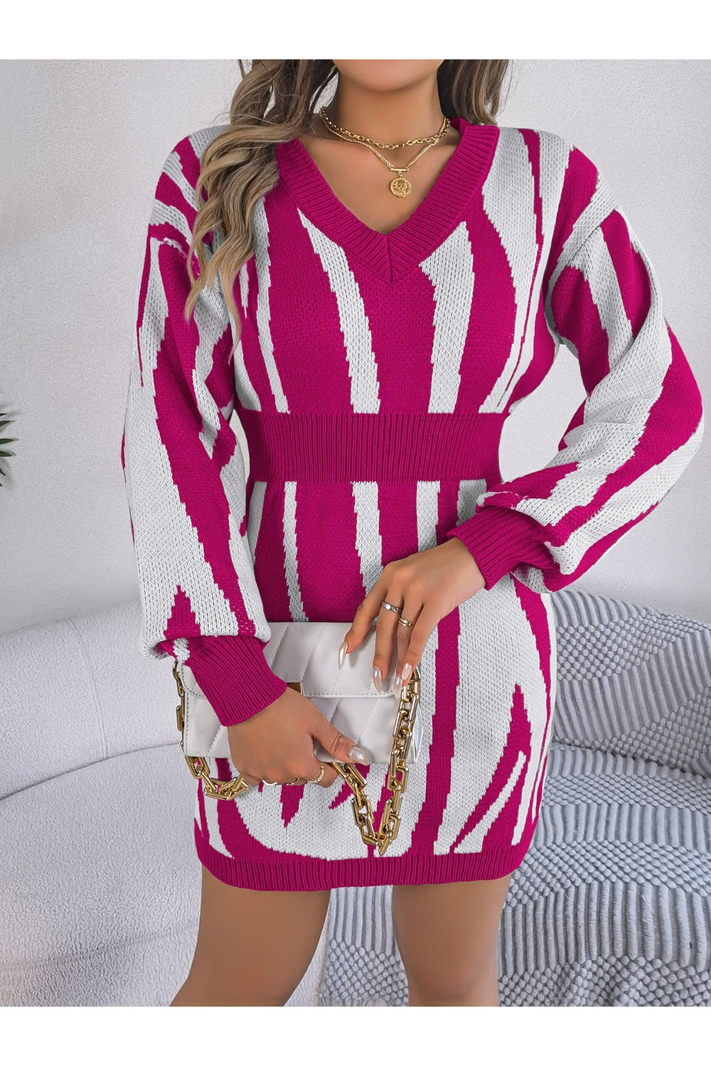 Animal Print V-Neck Long Sleeve Sweater Dress