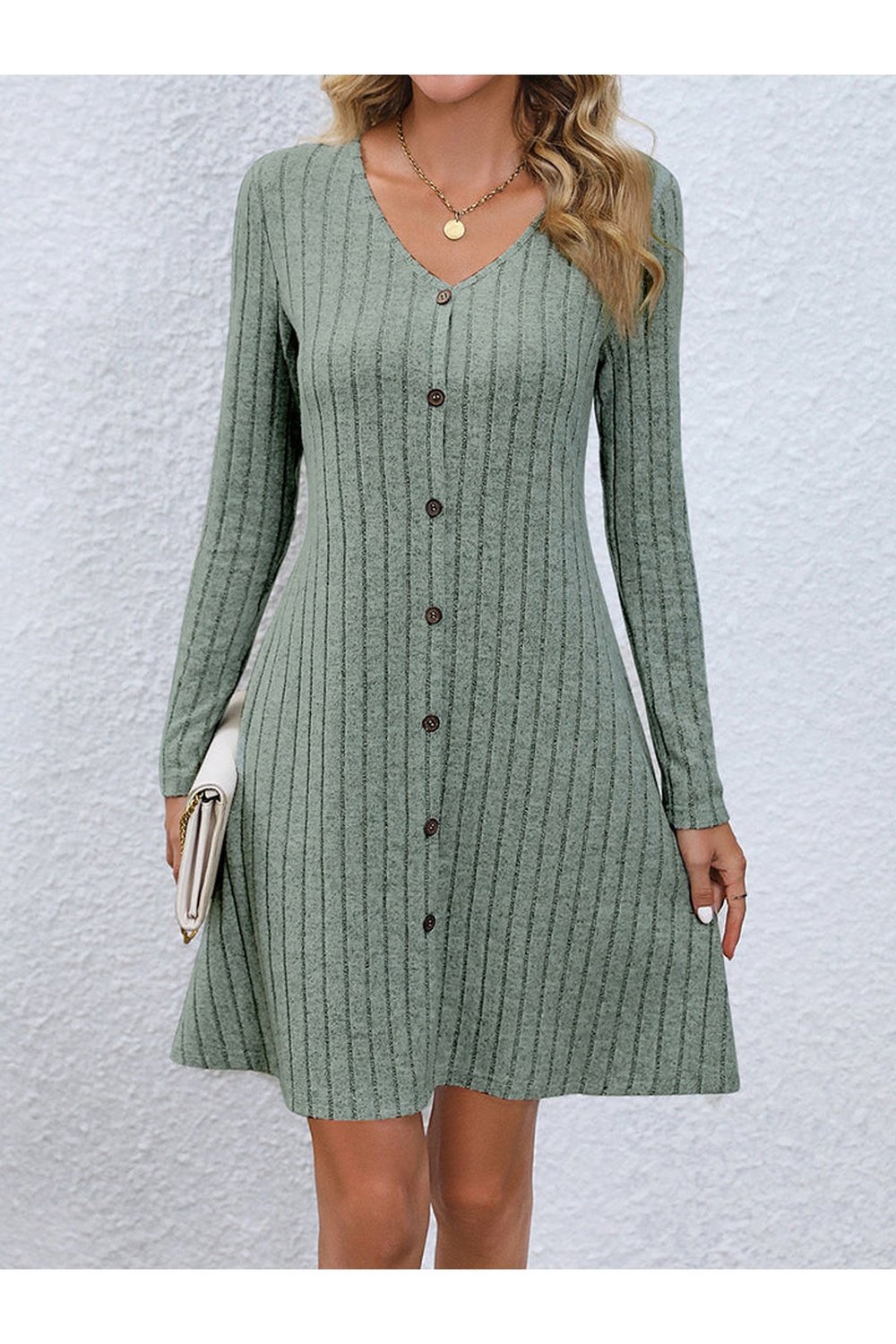 V-Neck Long Sleeve Mini Dress