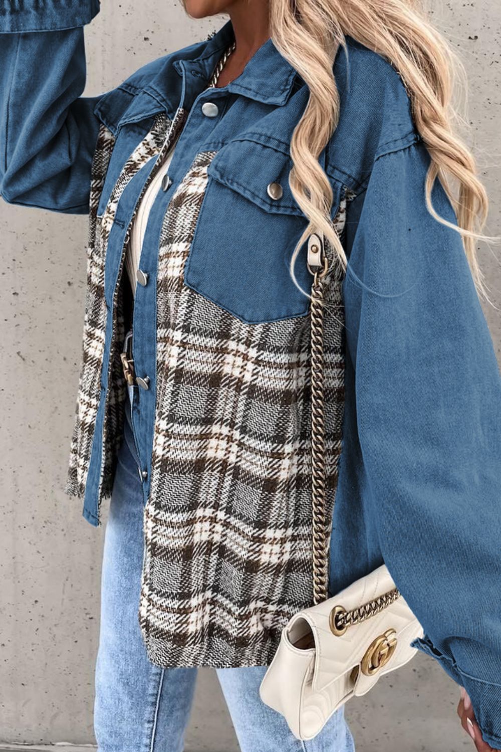 Plaid Pocketed Button Up Denim Jacket