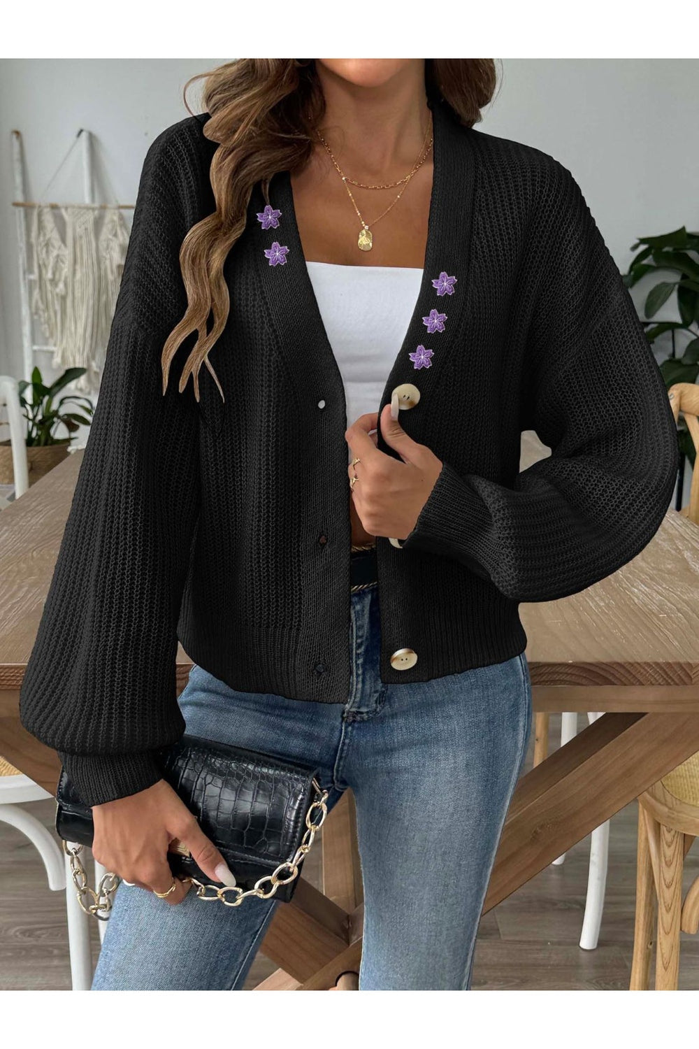 V-Neck Button Up Long Sleeve Cardigan