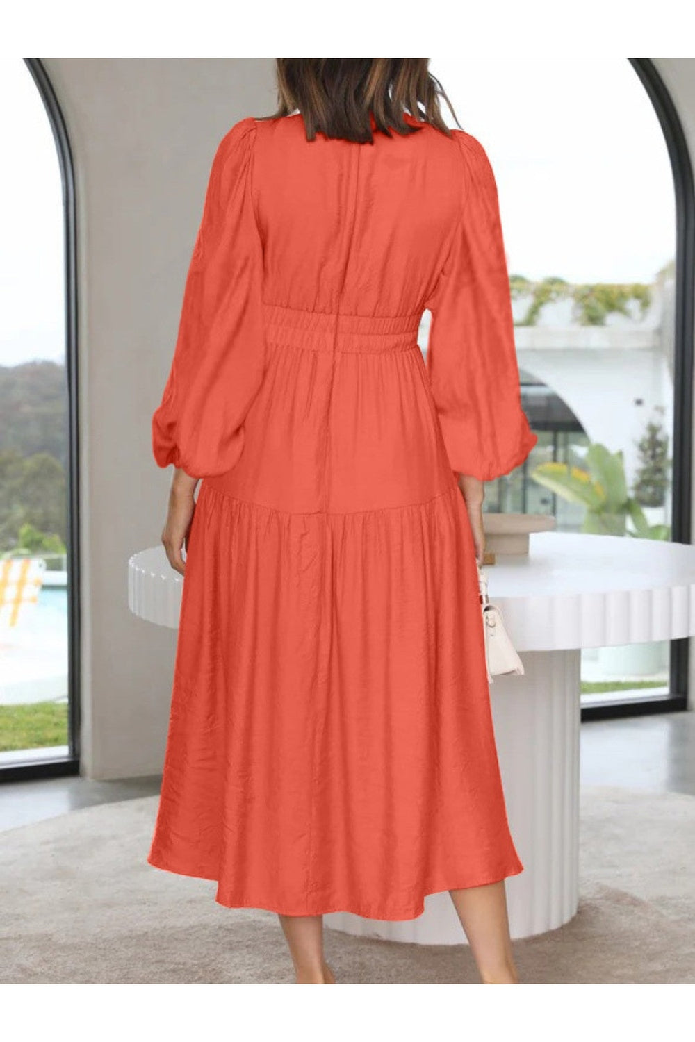 Deep V-Neck Balloon Sleeve Plain Maxi Dress