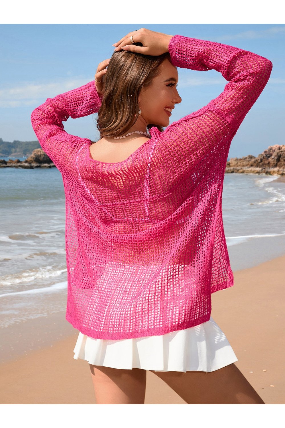 Openwork Slit Boat Neck Long Sleeve Cover-Up