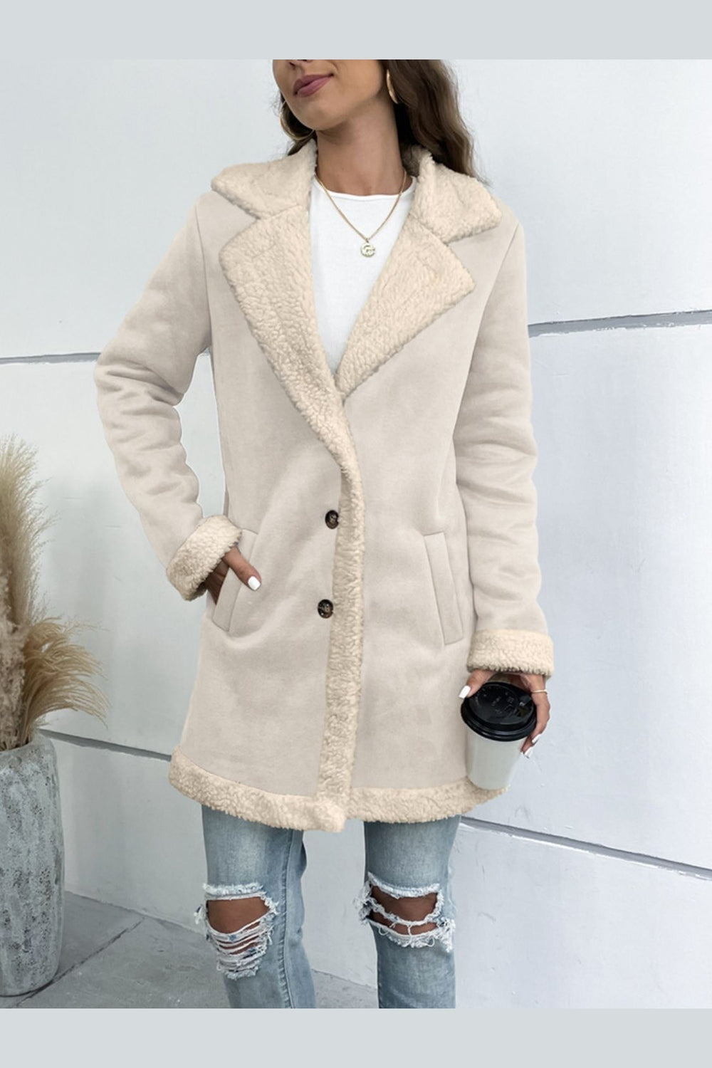 Lapel Collar Teddy Lining Longline Coat