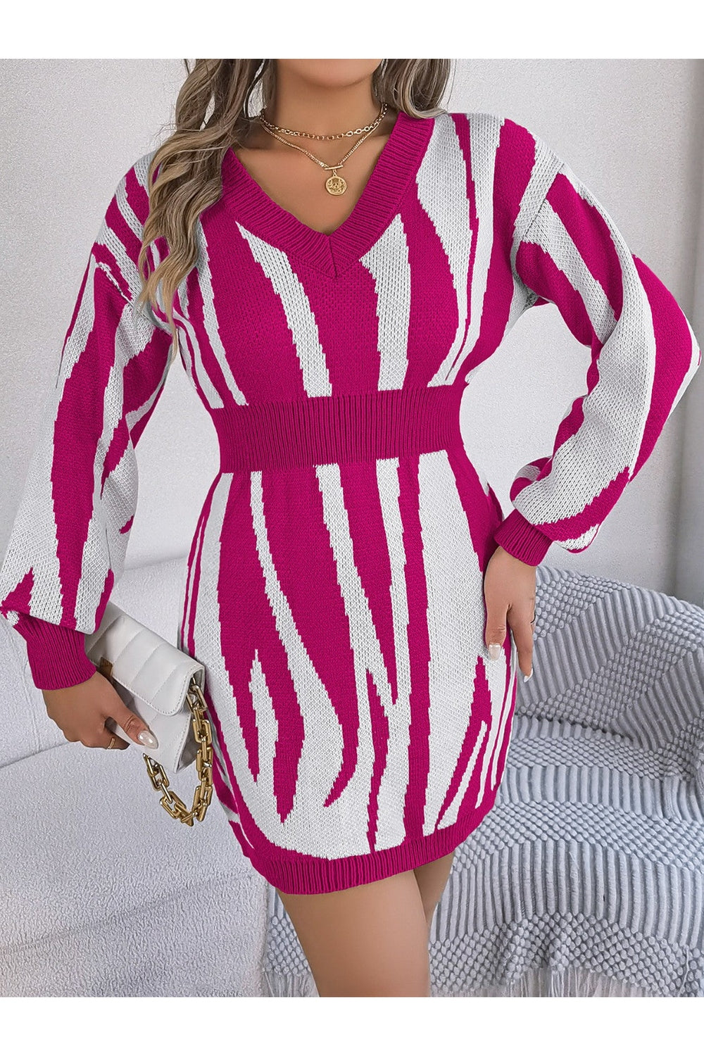 Animal Print V-Neck Long Sleeve Sweater Dress