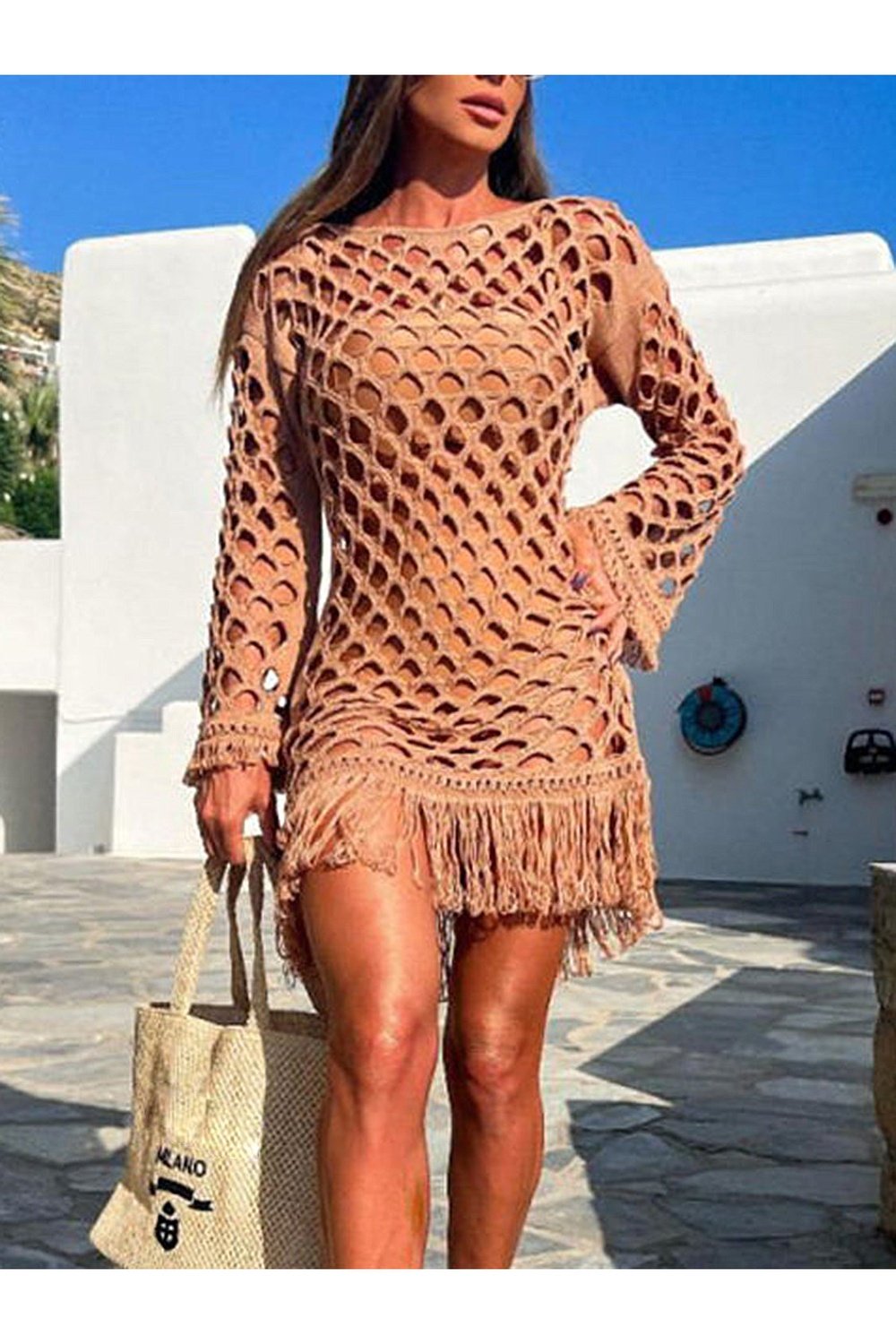 Fringe Cutout Long Sleeve Cover Up