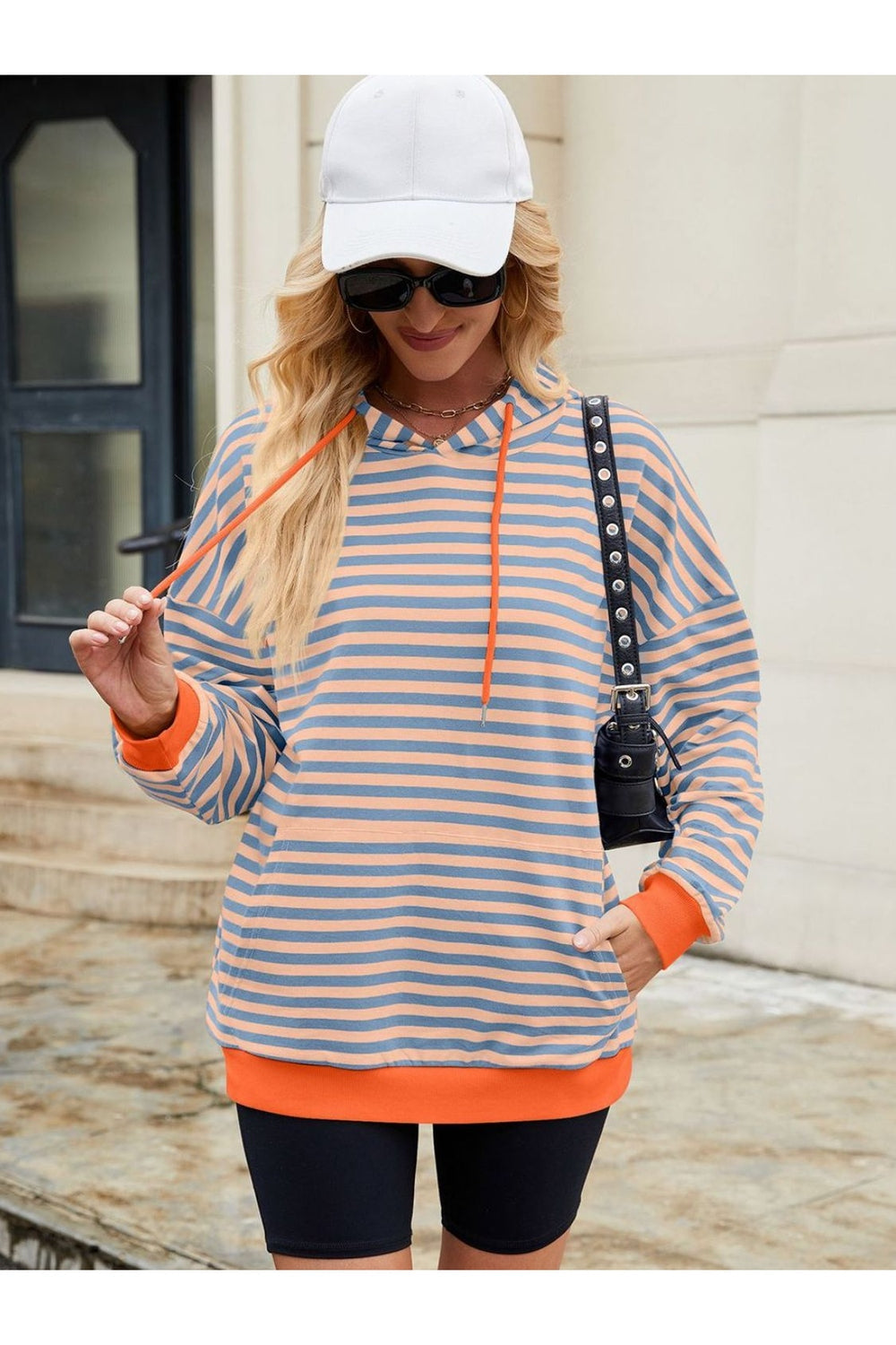 Drawstring Contrast Striped Long Sleeve Hoodie