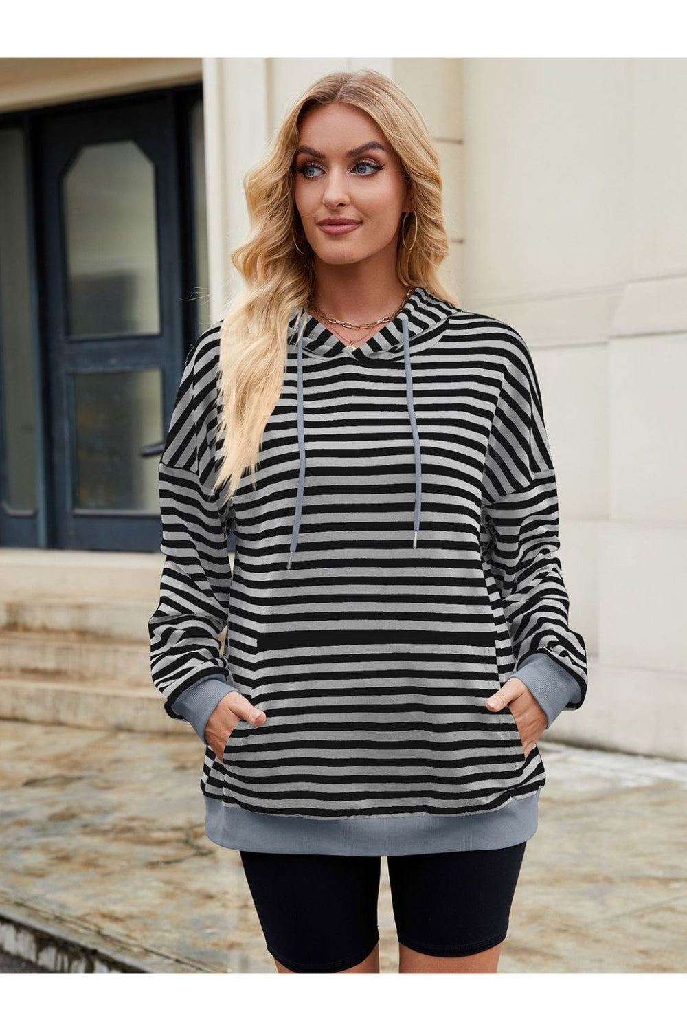 Drawstring Contrast Striped Long Sleeve Hoodie