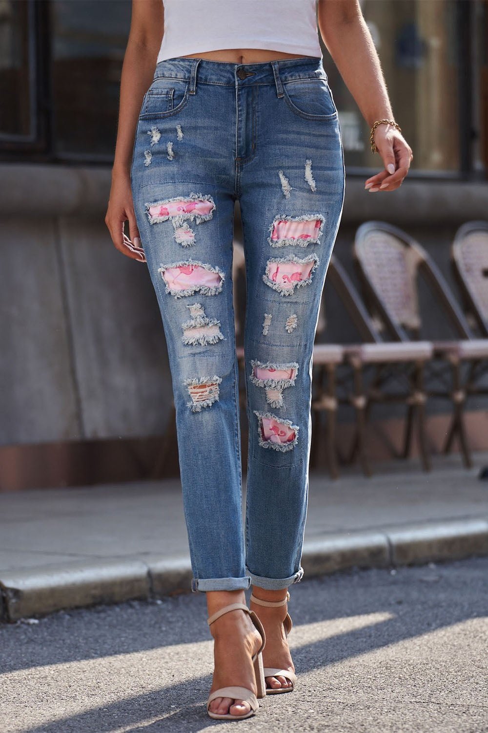 Baeful Printed Patch Distressed Boyfriend Jeans