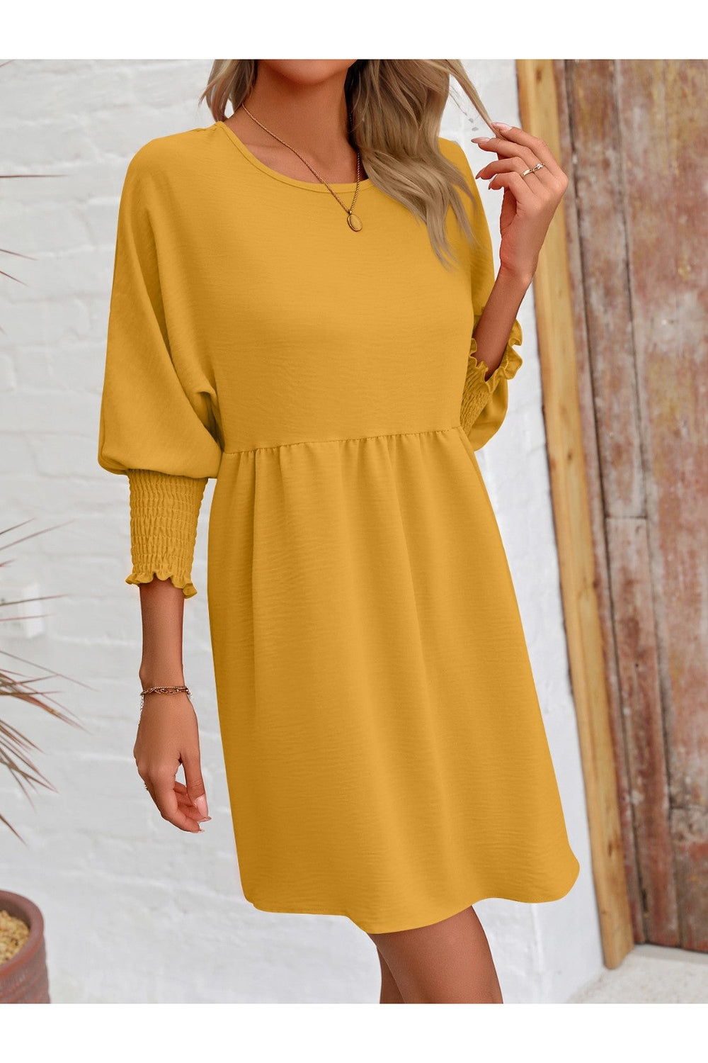 Round Neck Lantern Sleeve Mini Dress