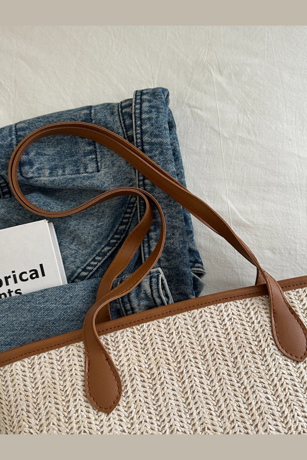 Contrast Straw Woven Tote Bag