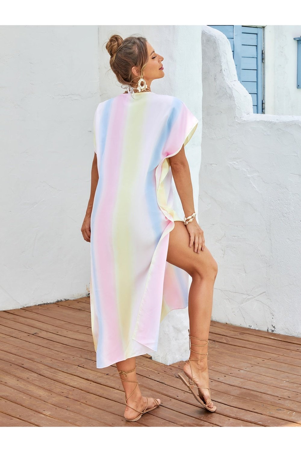 Slit Striped Notched Short Sleeve Cover Up