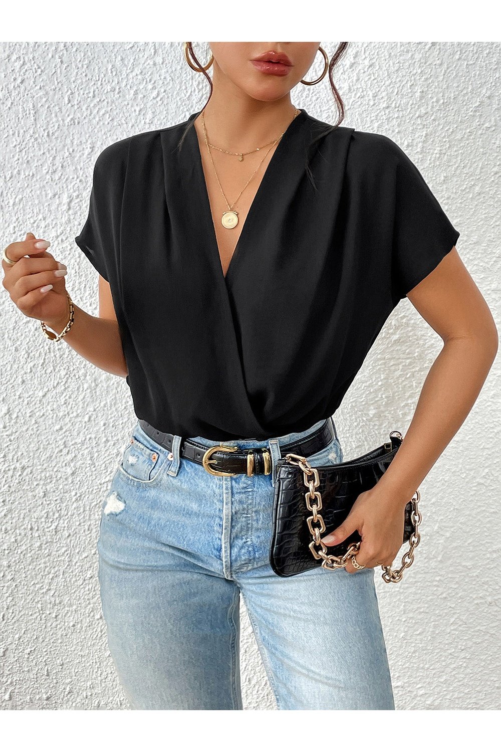 Surplice Short Sleeve Ruched Bodysuit