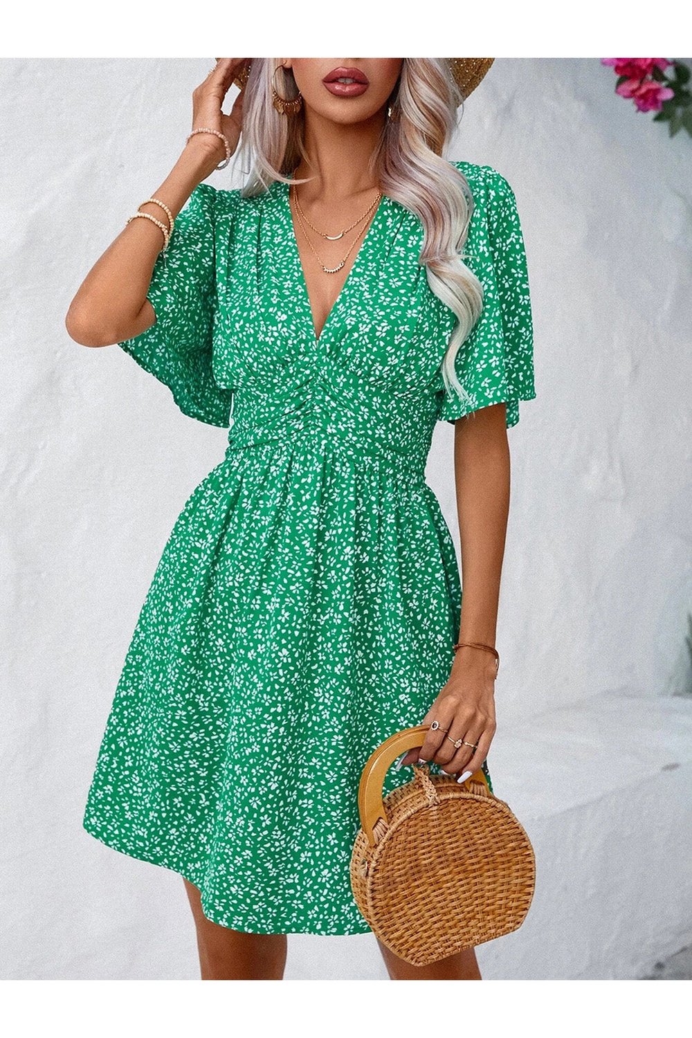 Printed V-Neck Half Sleeve Mini Dress