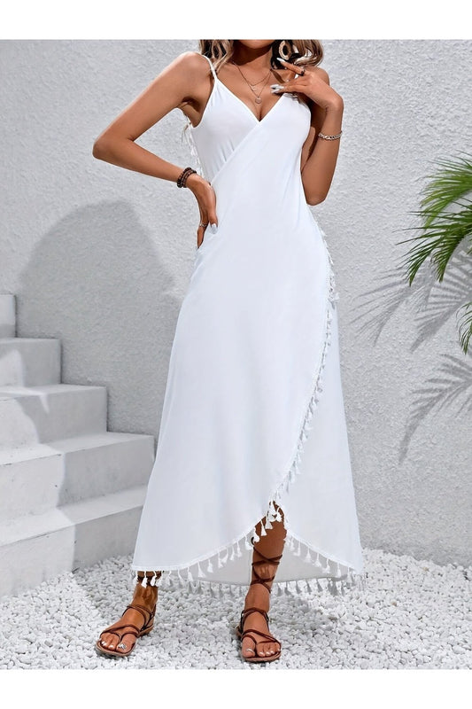 Backless Tassel Surplice Spaghetti Strap Cover Up Dress