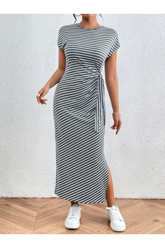 Tied Striped Round Neck Short Sleeve Tee Dress