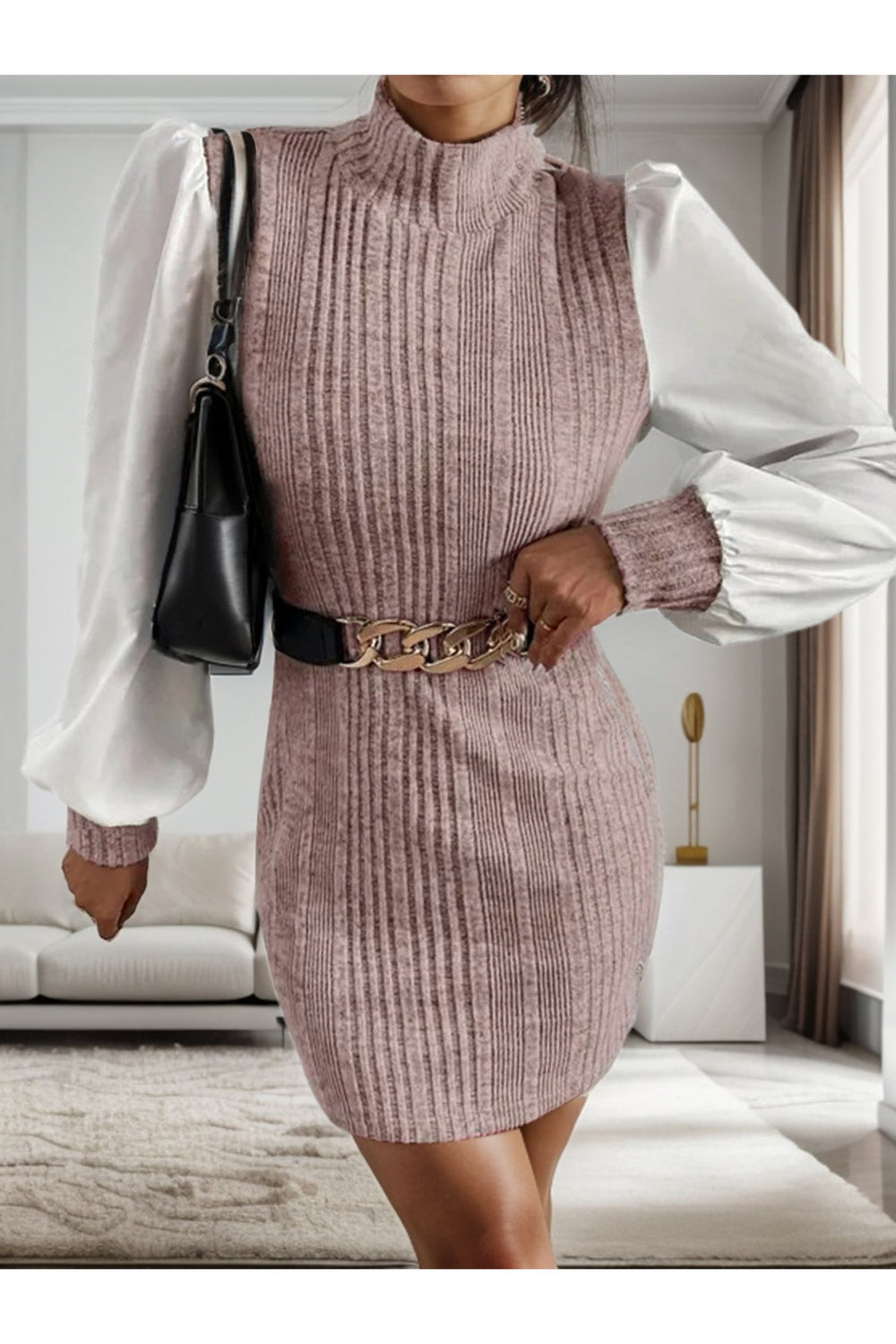 Ribbed Contrast Long Sleeve Sweater Dress