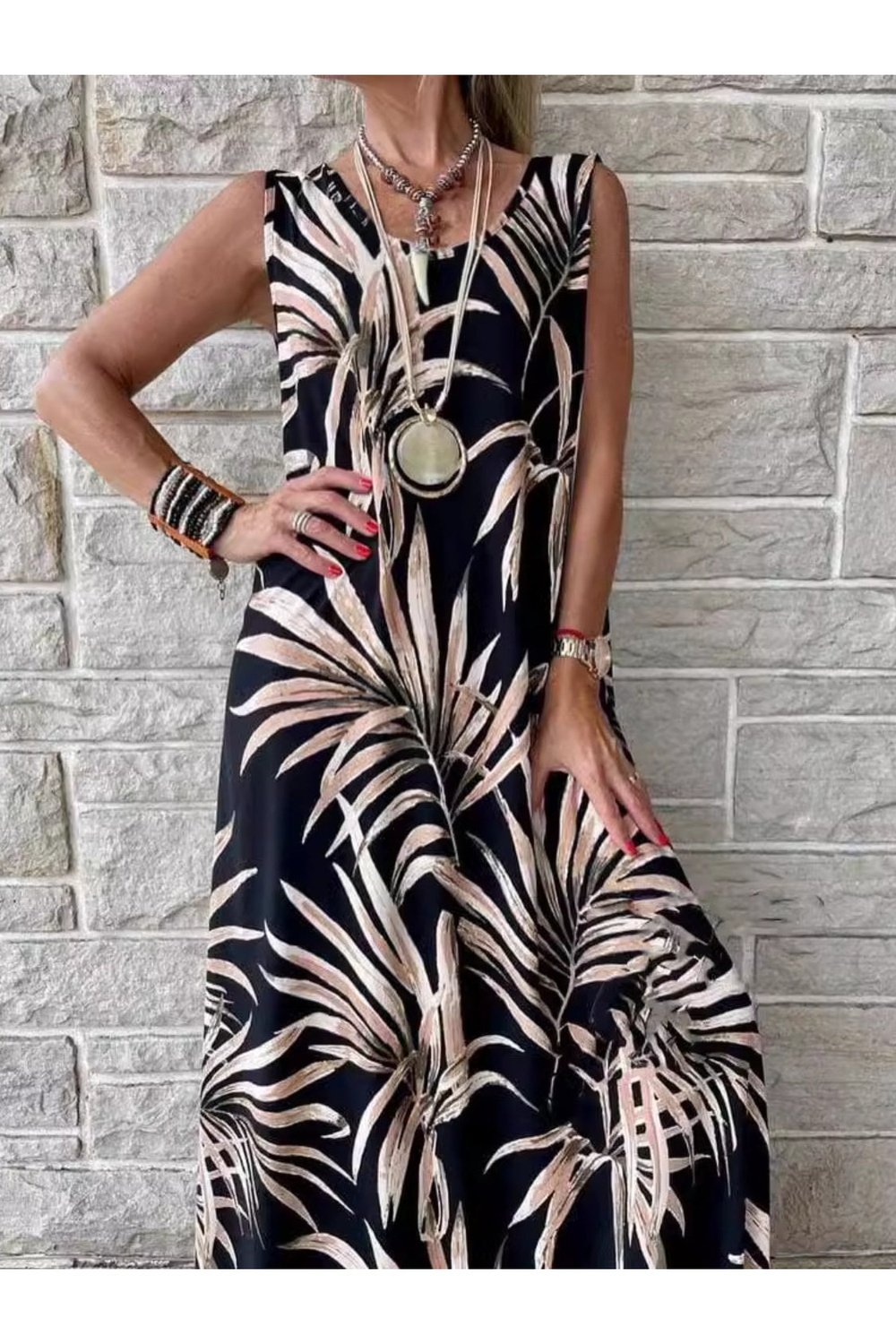 Printed Round Neck Midi Tank Dress