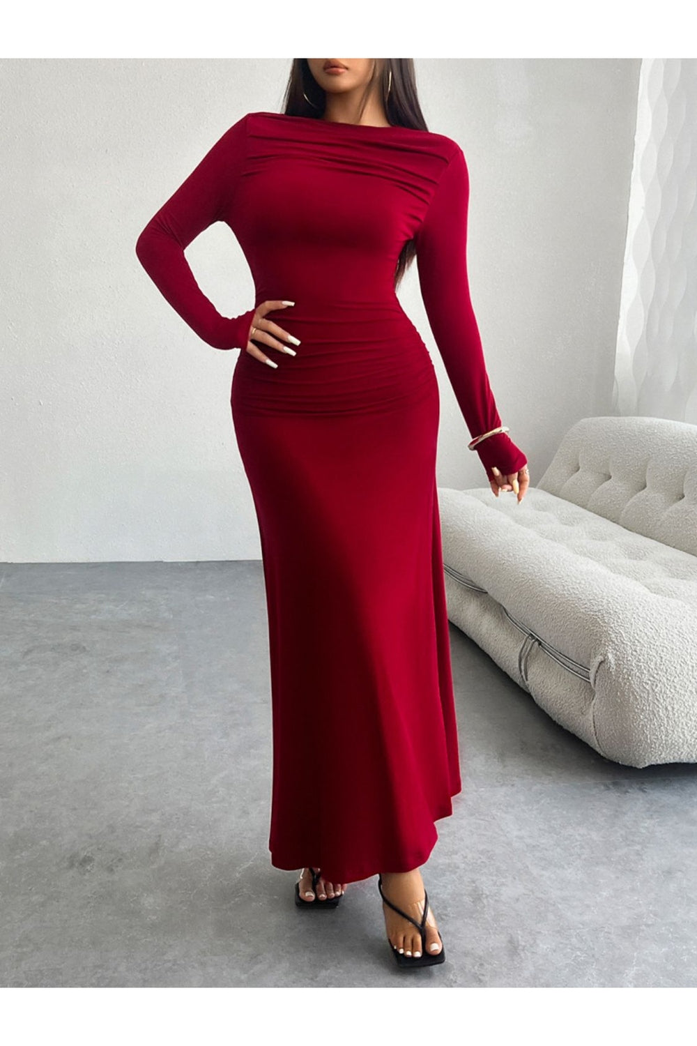 Devine Ruched Long Sleeve Maxi Dress