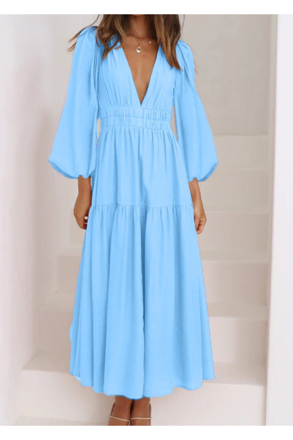 Deep V-Neck Balloon Sleeve Plain Maxi Dress