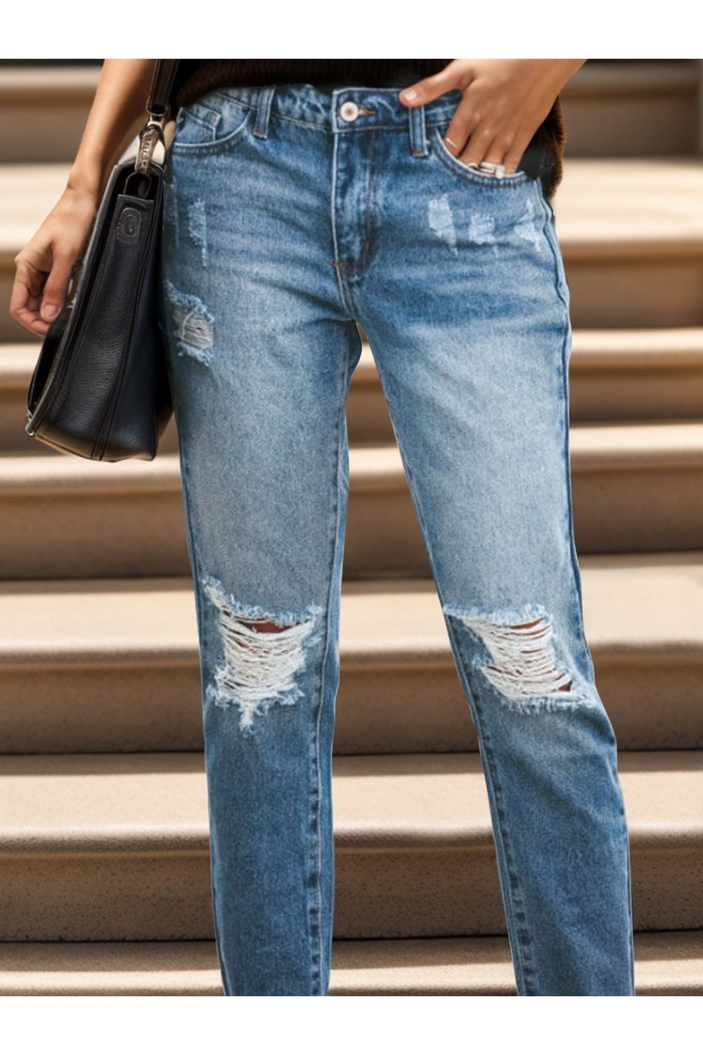 Distressed Raw Hem Jeans with Pockets