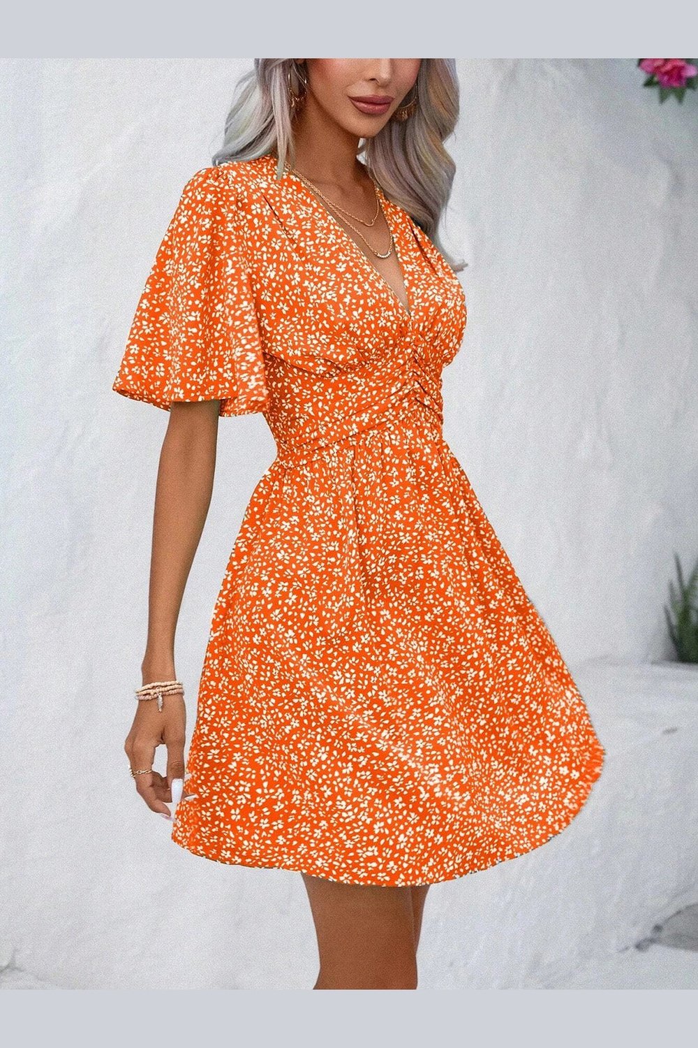 Printed V-Neck Half Sleeve Mini Dress