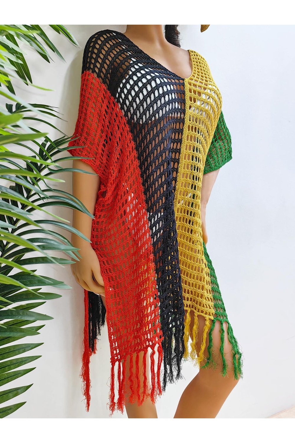 Fringe Color Block Scoop Neck Cover Up