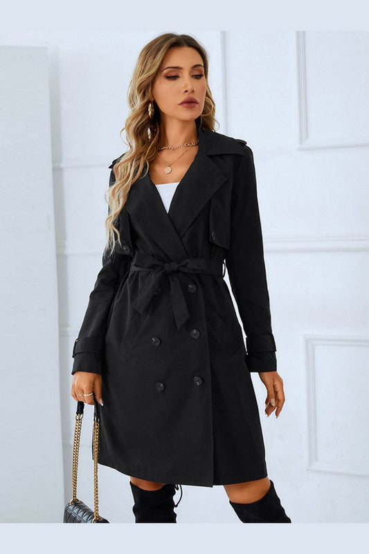 Lapel Collar Tie Belt Double-Breasted Trench Coat