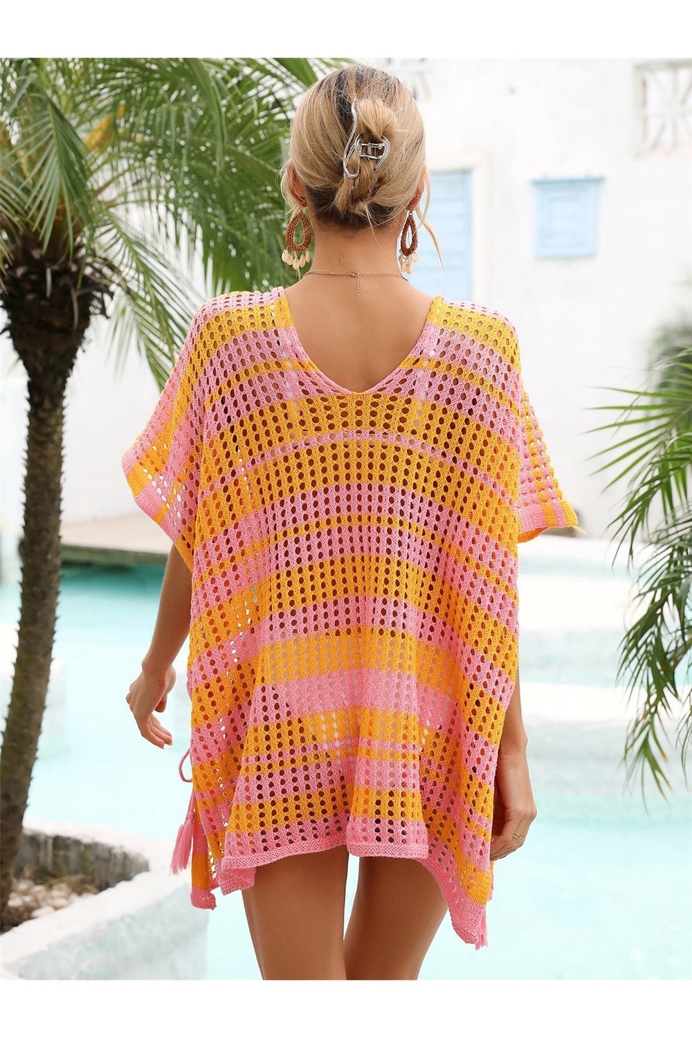 Tassel Openwork Striped V-Neck Cover Up