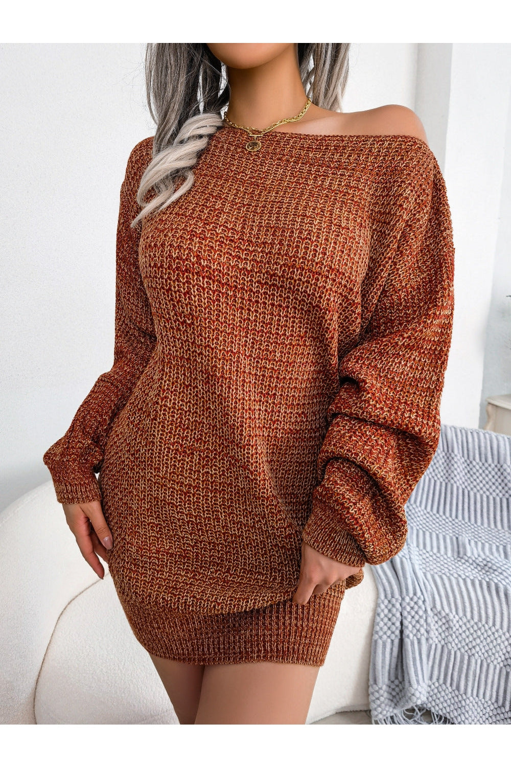 Heathered Boat Neck Lantern Sleeve Sweater Dress