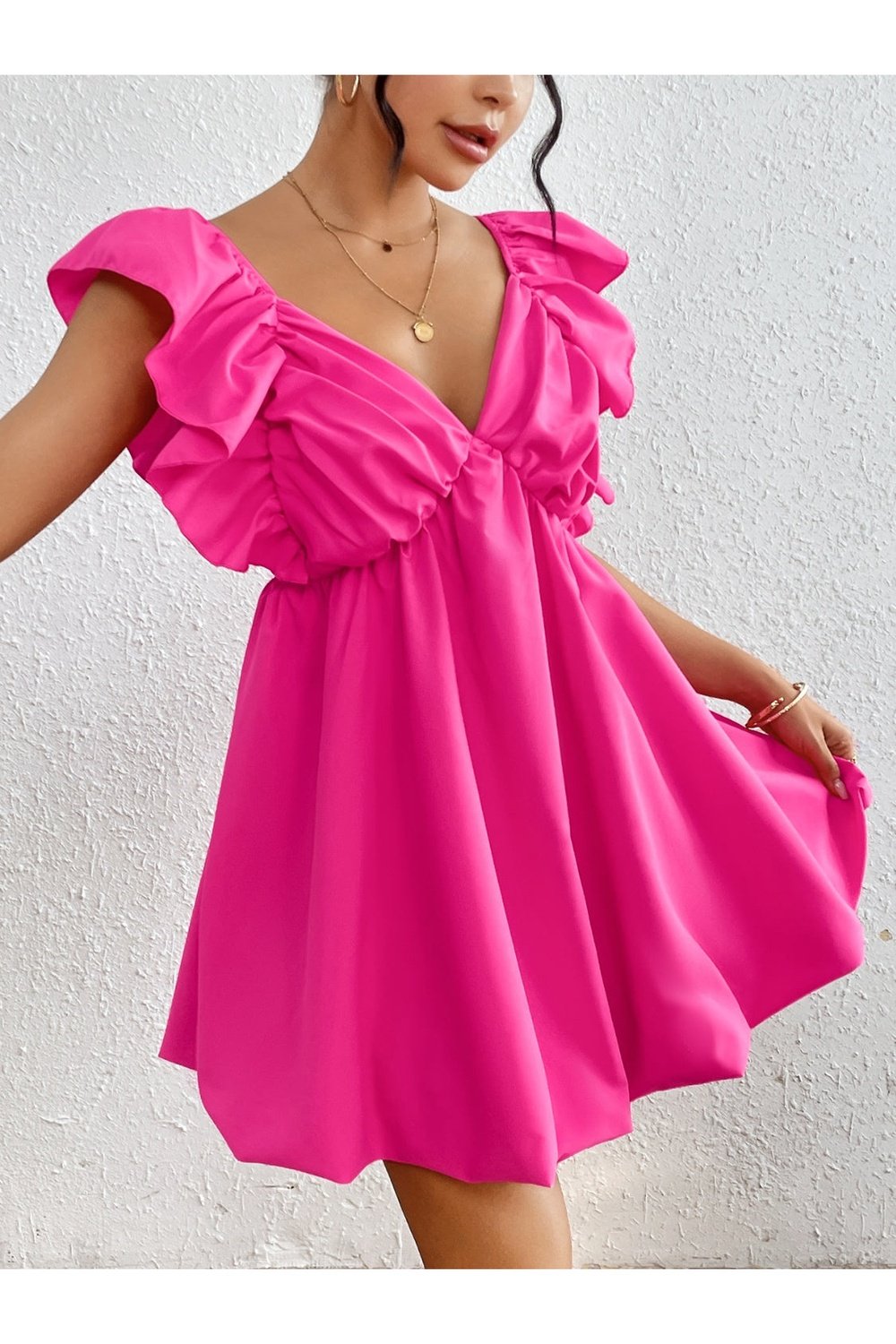 Ruffled V-Neck Cap Sleeve Mini Dress