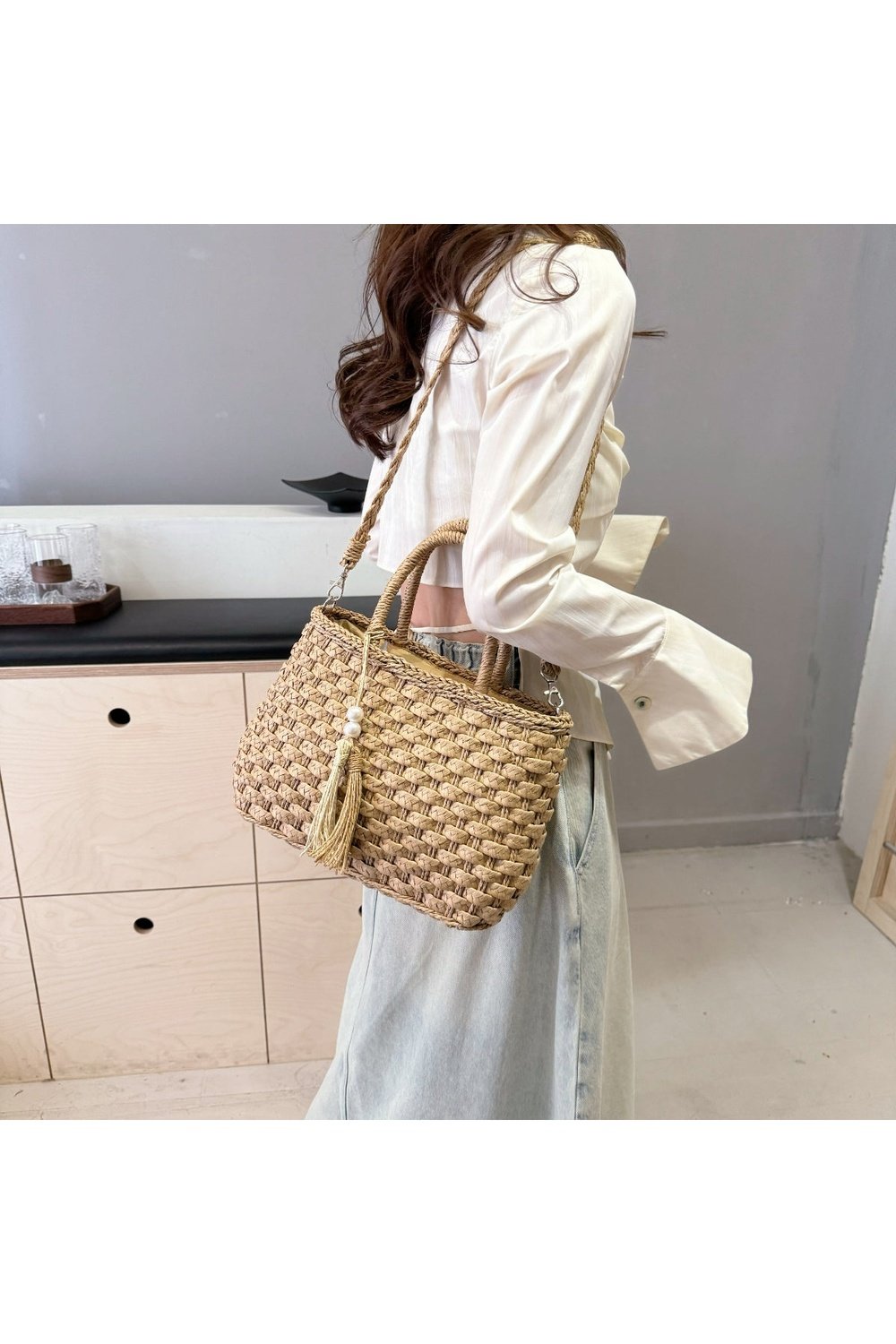 Braided Strap Paper Weave Shoulder Bag