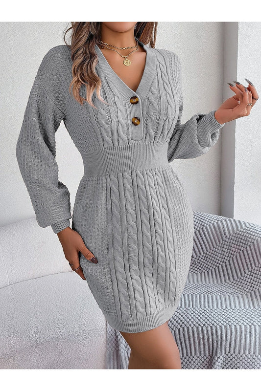 Buttoned Cable-Knit V-Neck Sweater Dress