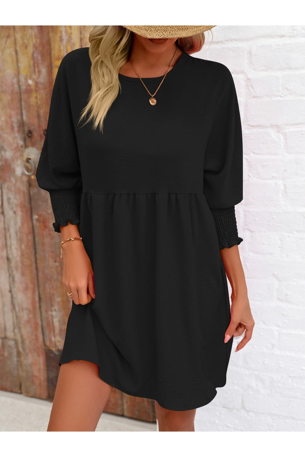 Round Neck Lantern Sleeve Mini Dress