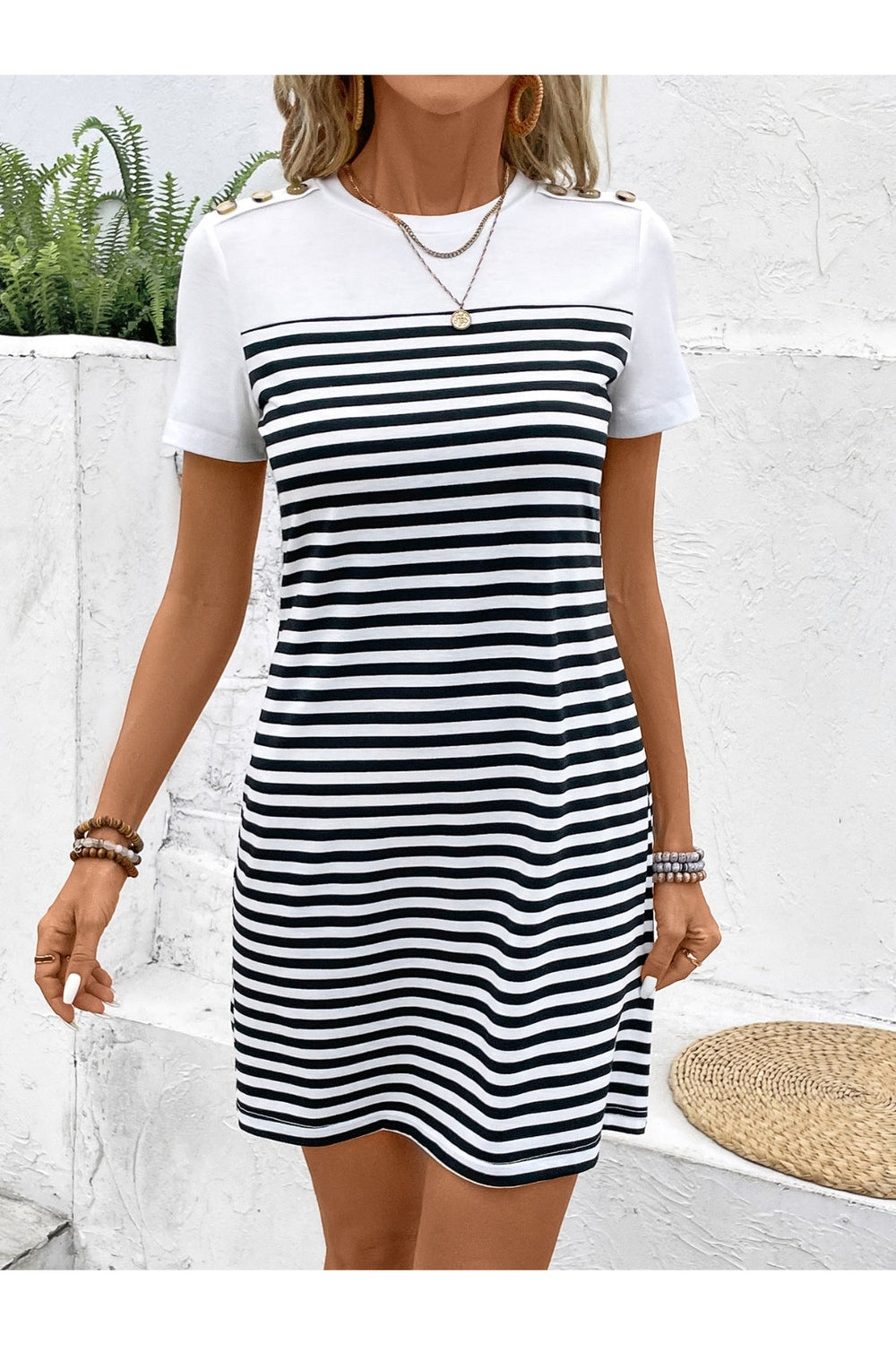 Striped Round Neck Short Sleeve Mini Tee Dress